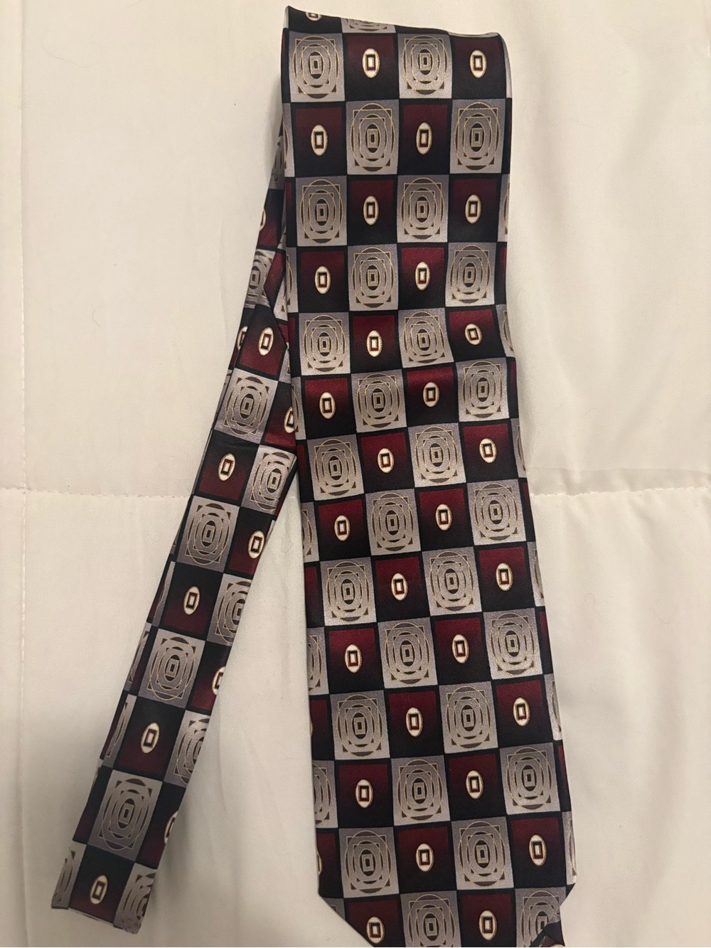 Bocca Classics Men's Burgundy and Silver Geometric Check Tie